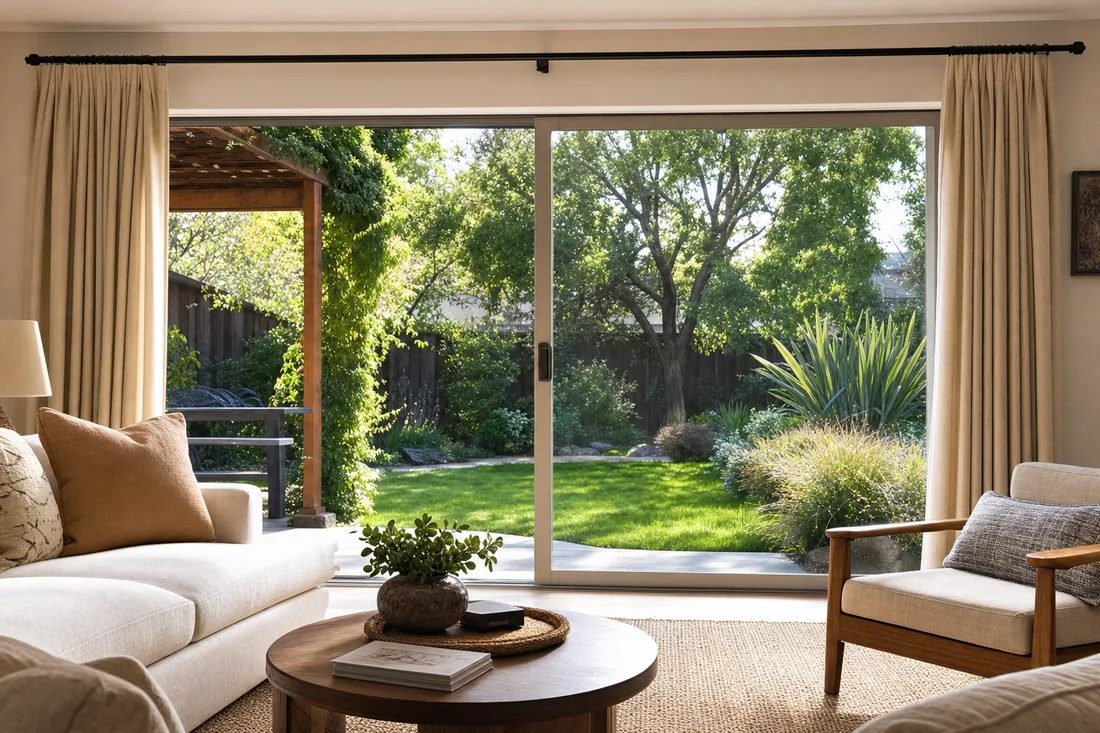 Bright living room in a Yuba City home looking through a spotless sliding glass door onto a green backyard